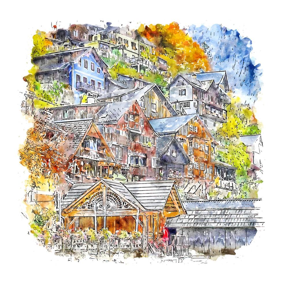 hallstatt oostenrijk aquarel schets hand getekende illustratie vector