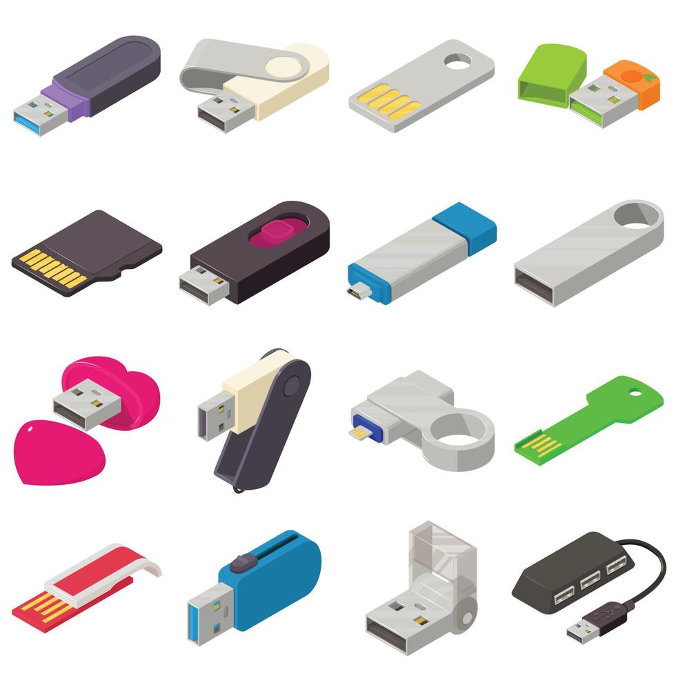 usb flash drive iconen set, isometrische stijl vector