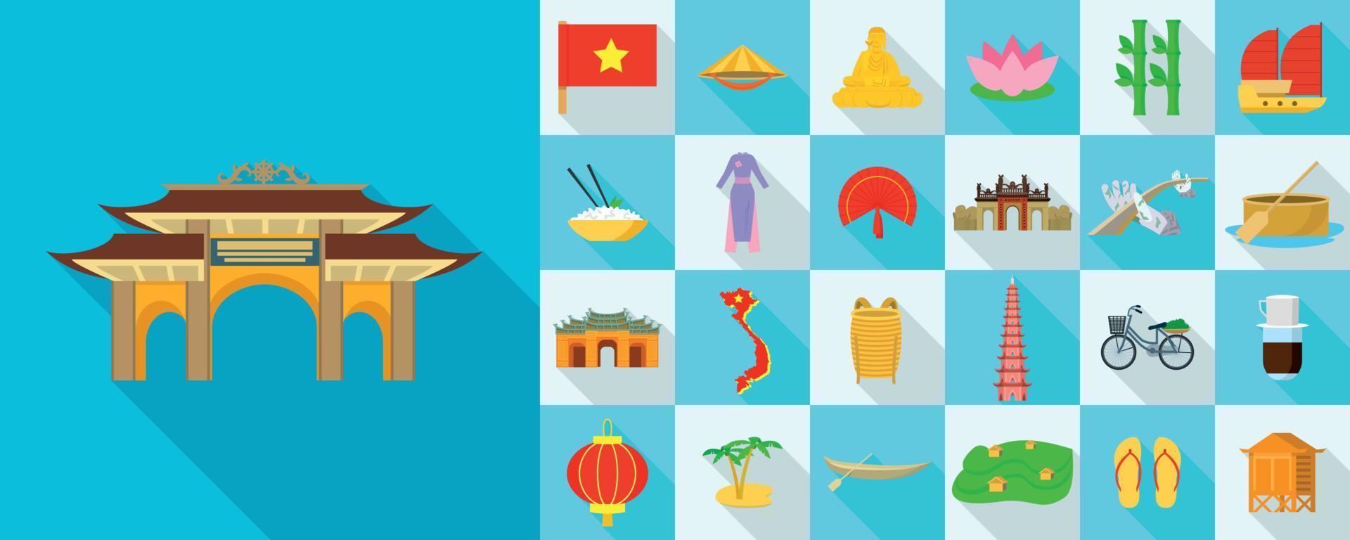 Vietnam iconen set, vlakke stijl vector