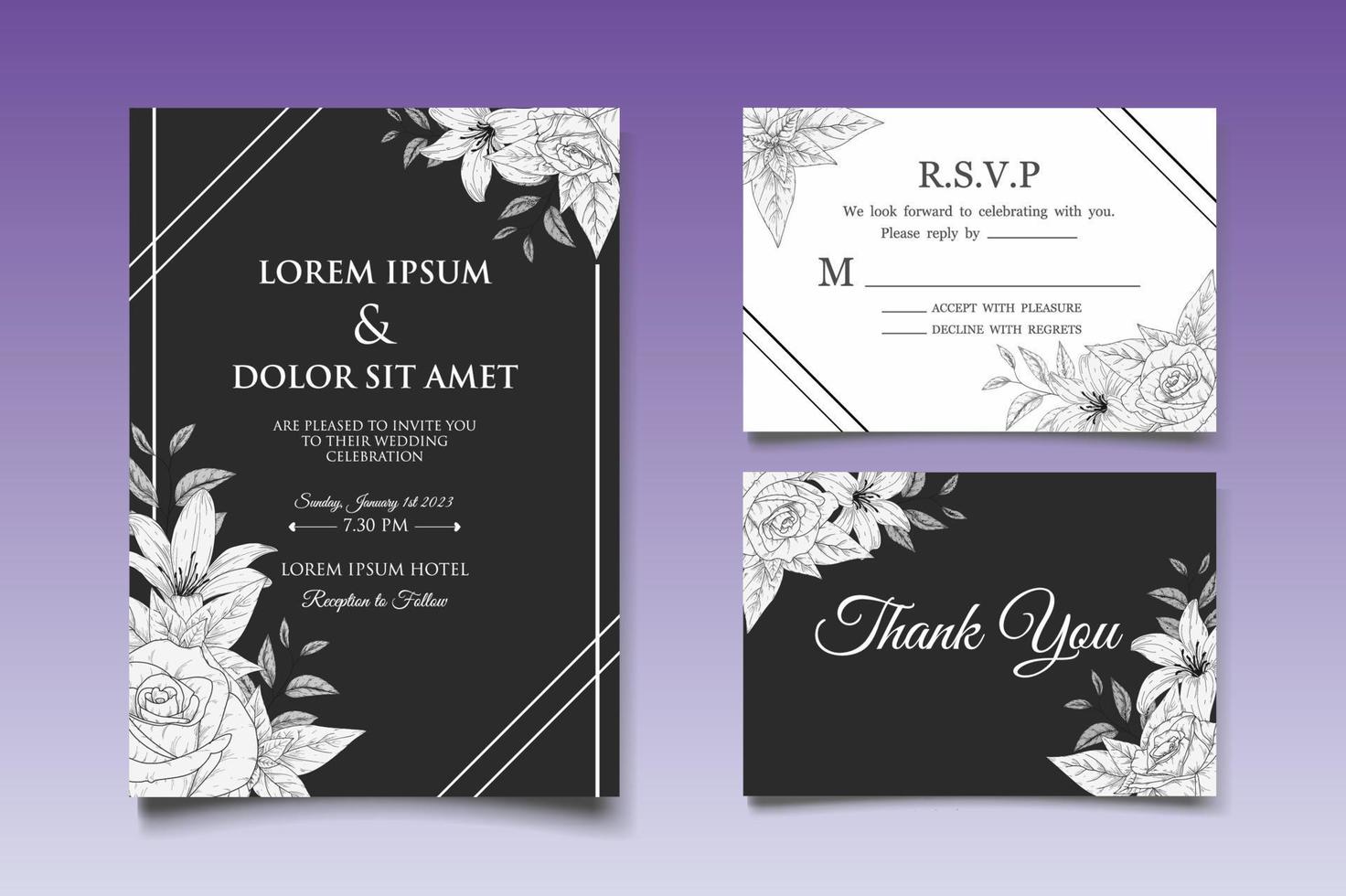 elegante vintage bloemen bruiloft uitnodigingskaarten set vector