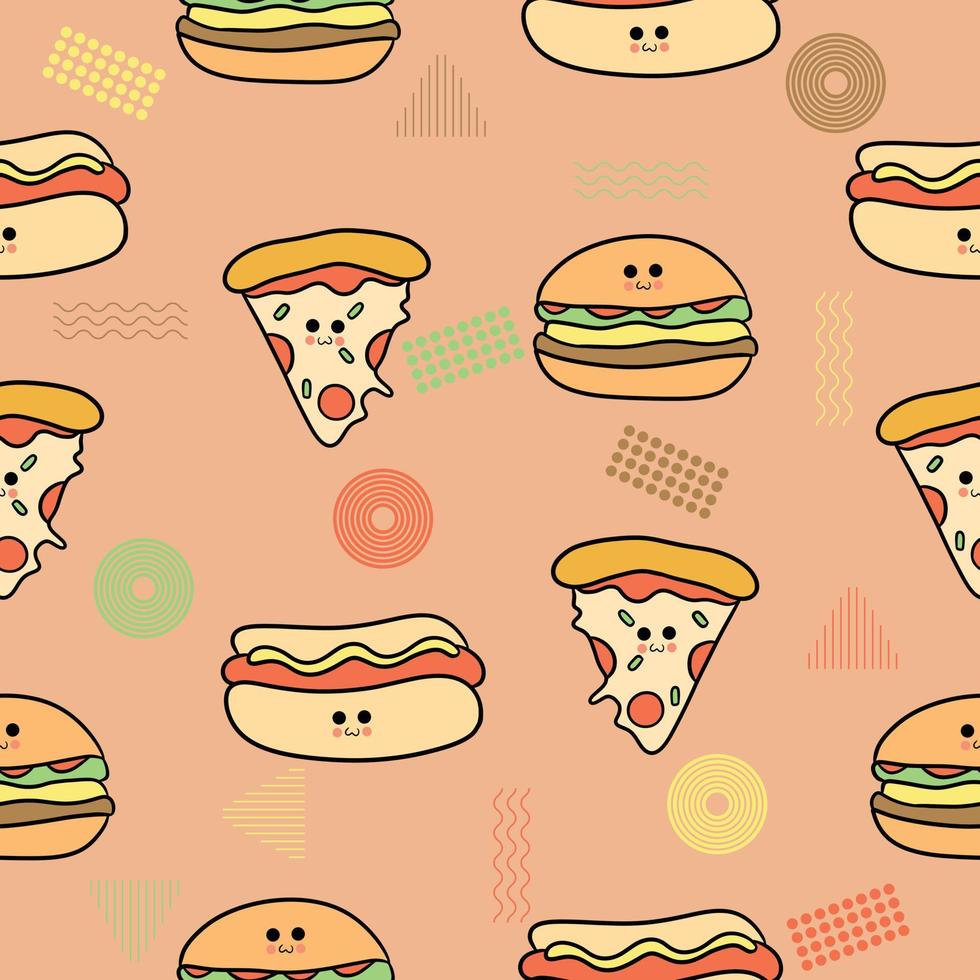 schattige chibi pizza hamburger hotdog zachte kleurrijke naadloze patroon doodle kinderen baby kawaii cartoon vector