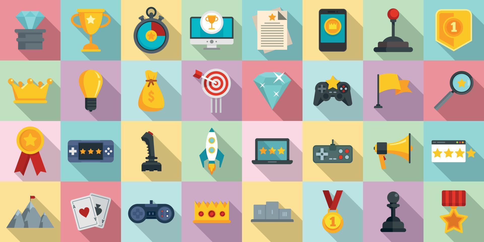 gamification iconen set, vlakke stijl vector