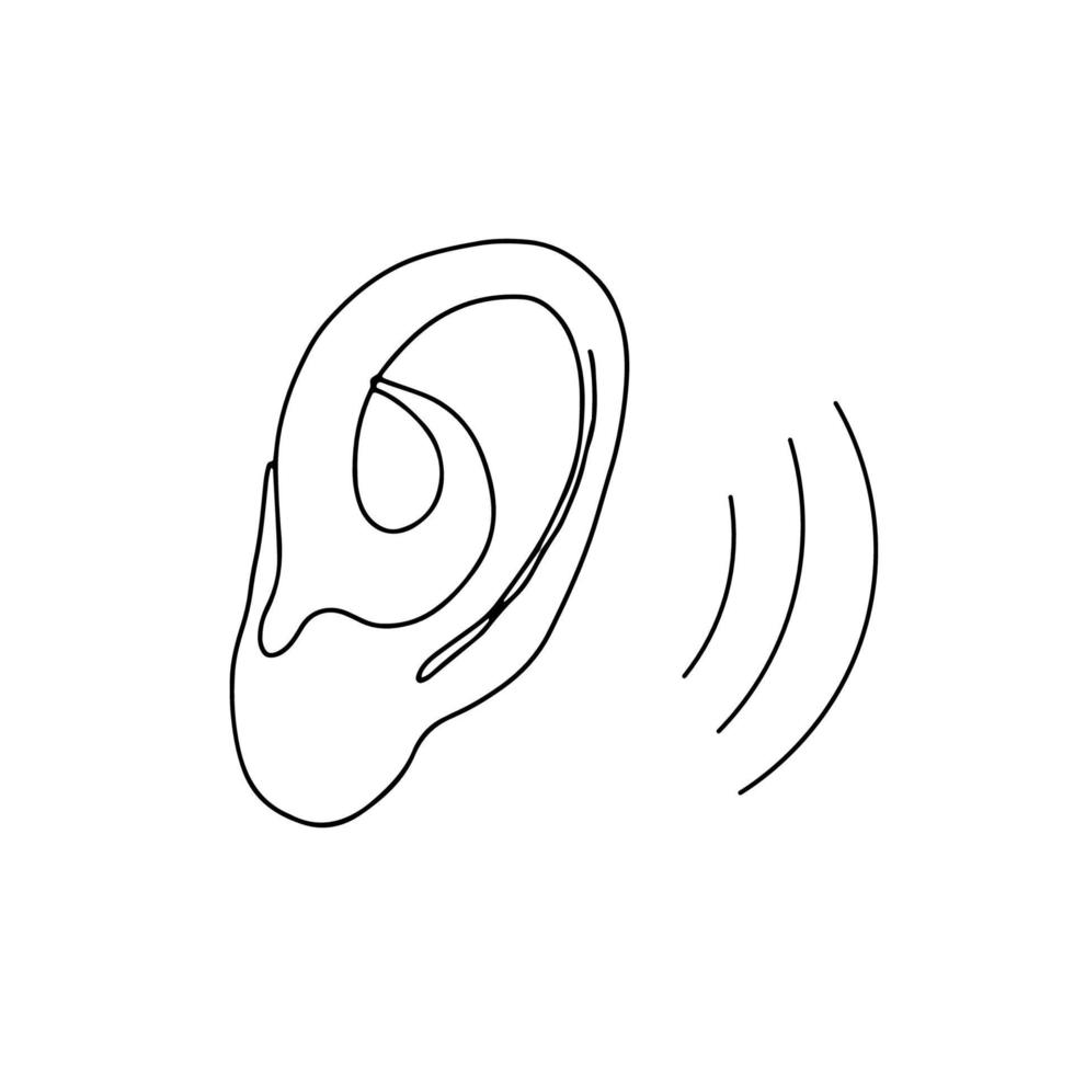 doodle menselijk oor luisteren geluiden. hand getekend gehoorsymbool. vectorillustratie geïsoleerd op een witte achtergrond vector