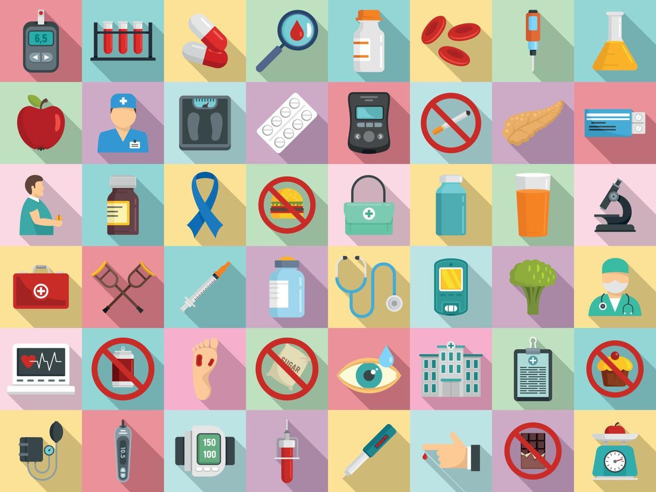 diabetes iconen set, vlakke stijl vector