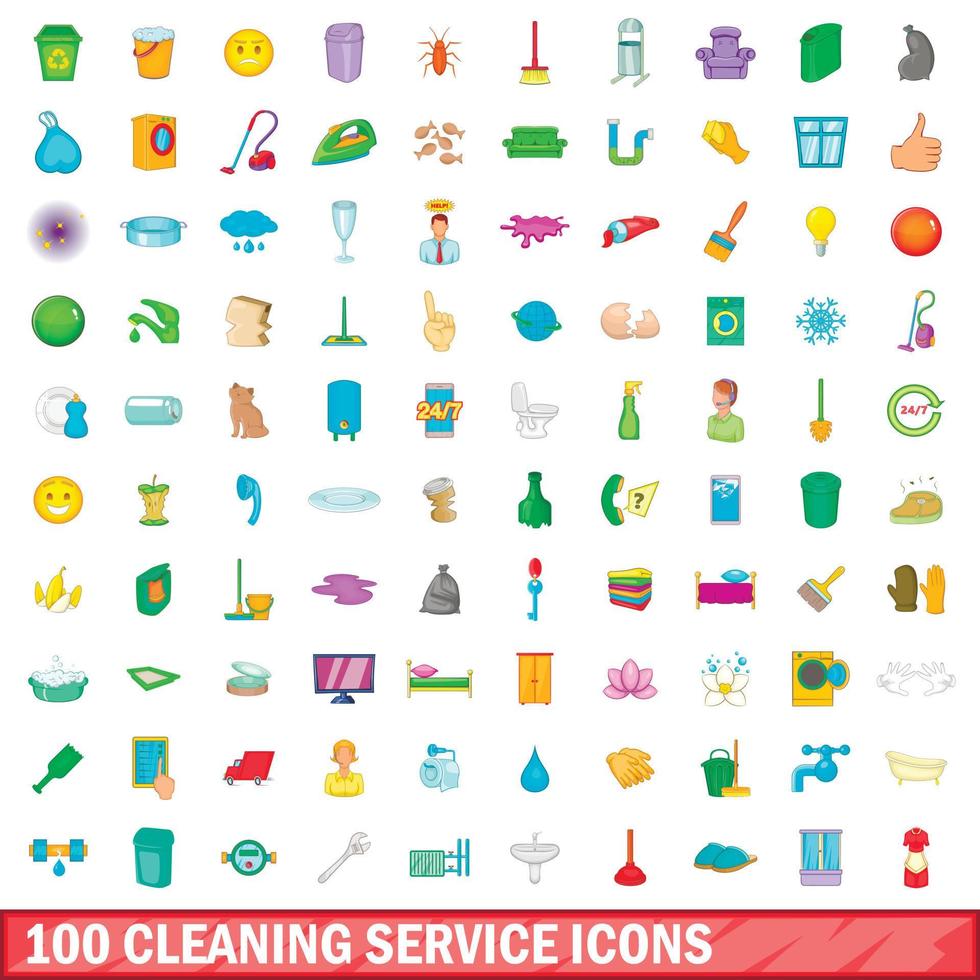 100 schoonmaakservice iconen set, cartoon stijl vector