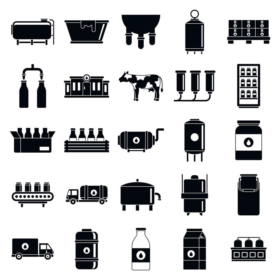 moderne melkfabriek iconen set, eenvoudige stijl vector