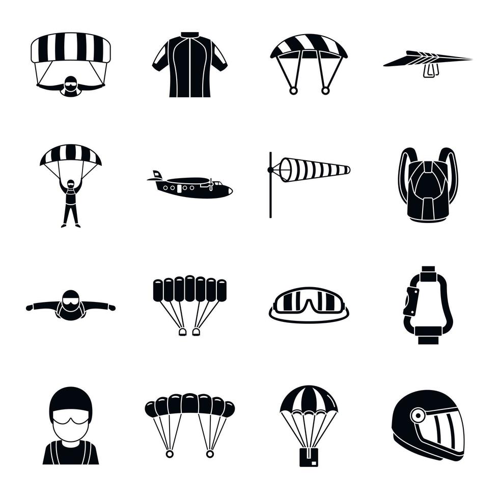 avontuur parachutespringen iconen set, eenvoudige stijl vector