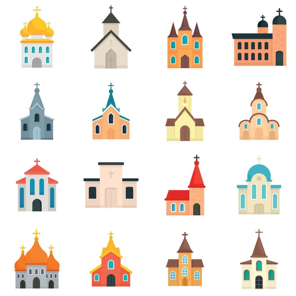 kerk iconen set, vlakke stijl vector