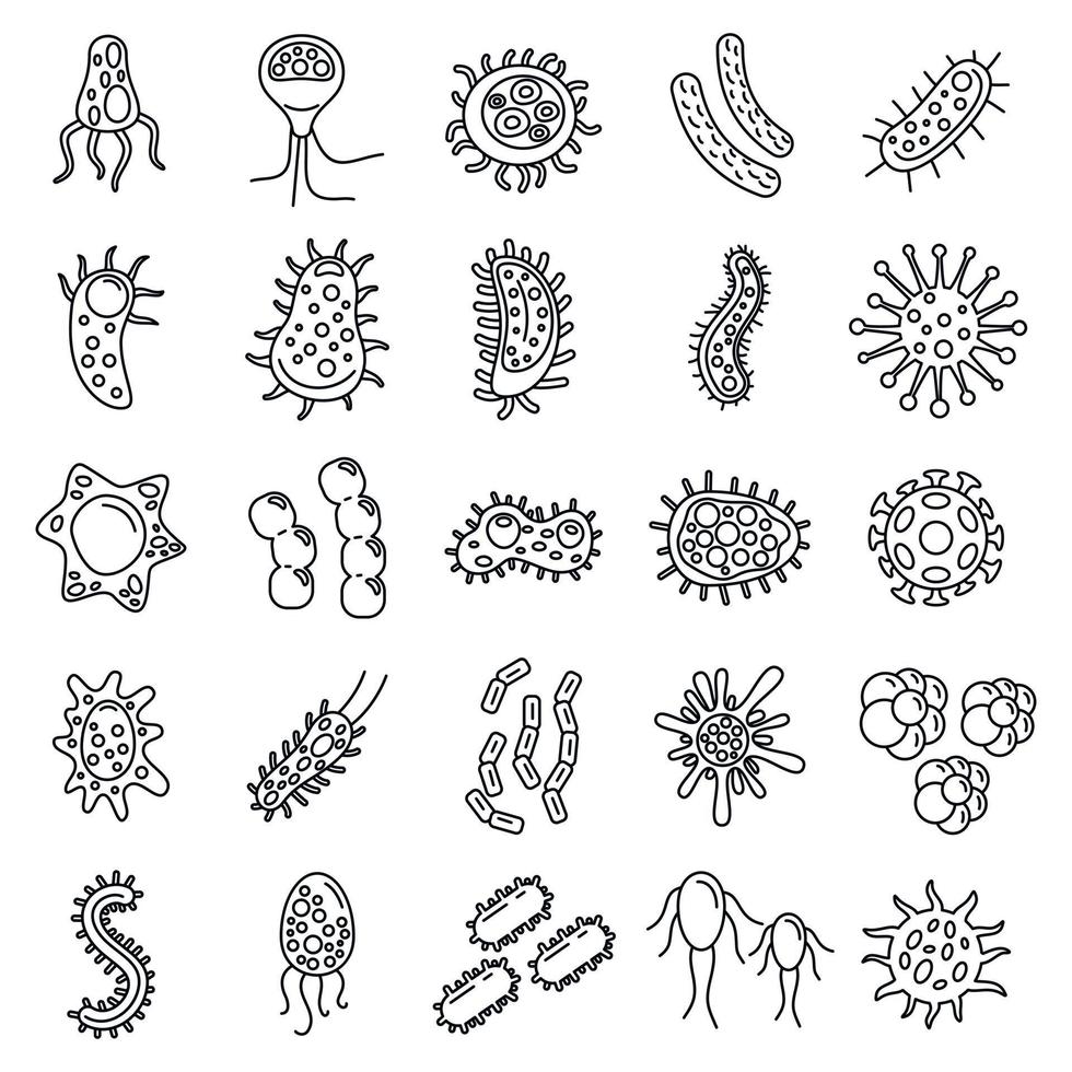 bacteriën biologie iconen set, Kaderstijl vector