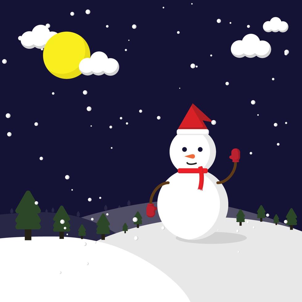 vrolijk kerstseizoen winter illustratie - sneeuwpop winter op sneeuw achtergrond en vallende sneeuw 's nachts, hij draagt rode sjaal en rode hoed op donker blauwe achtergrond weinig wind. vector