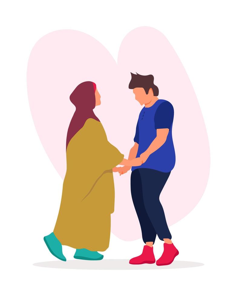 moderne moslim paar verliefd, geïllustreerd op een hart vorm achtergrond. niqab vrouw hand in hand van haar echtgenoot vlakke stijl cartoon vector. islamitisch, moslim paar verliefd clipart. vector