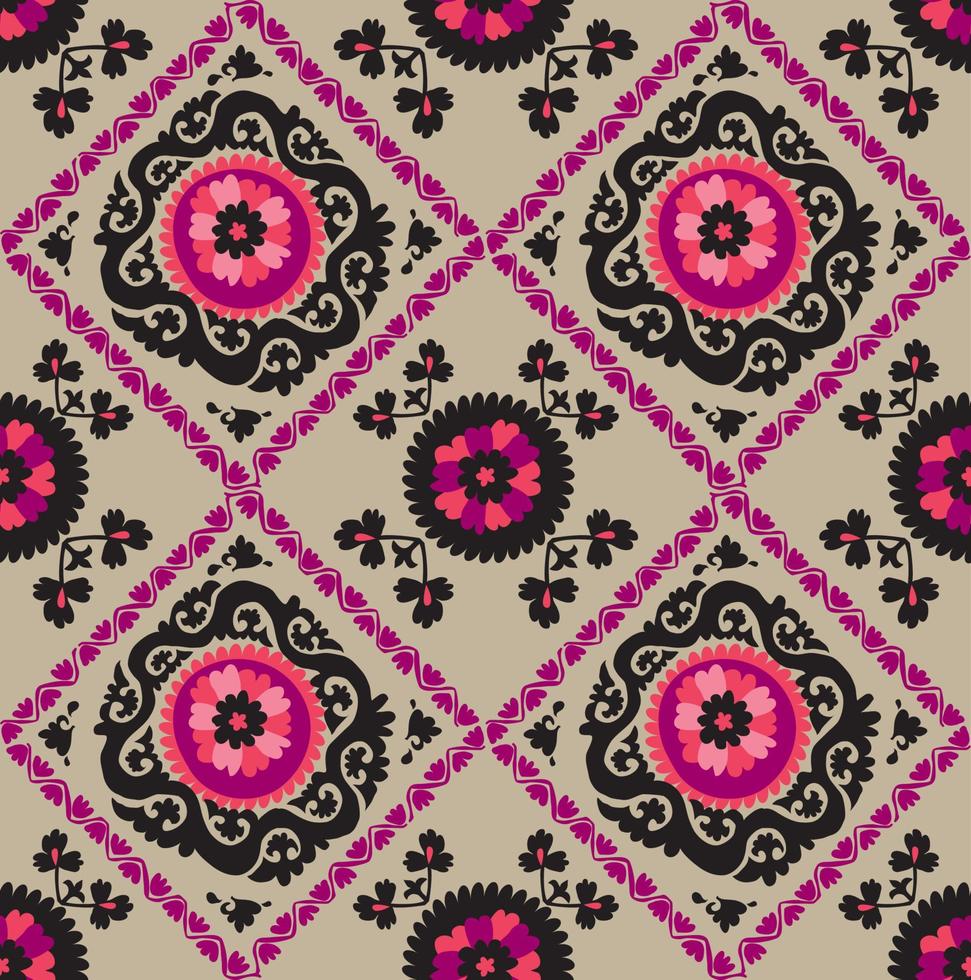 traditioneel Aziatisch tapijtborduurwerk Suzanne in roze en zwarte kleur. Oezbeeks etnisch decoratief bloemenmotief voor tapijt, stof, tafelkleed vector