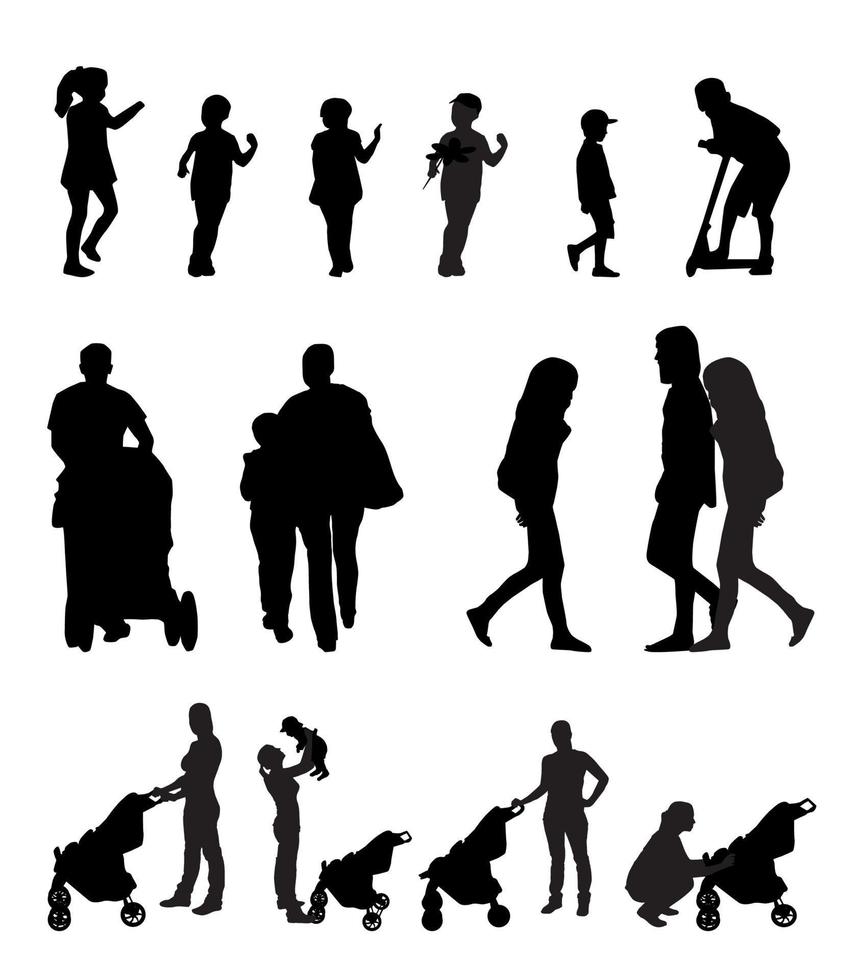 moeder met kinderwagen en kinderen silhouet vectorillustratie vector