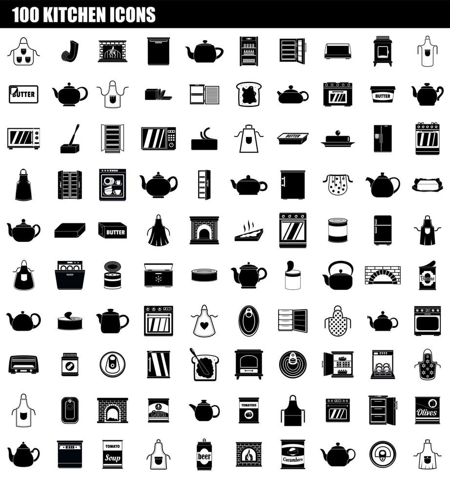 100 keuken icon set, eenvoudige stijl vector