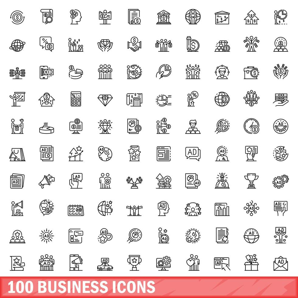 100 zakelijke iconen set, Kaderstijl vector