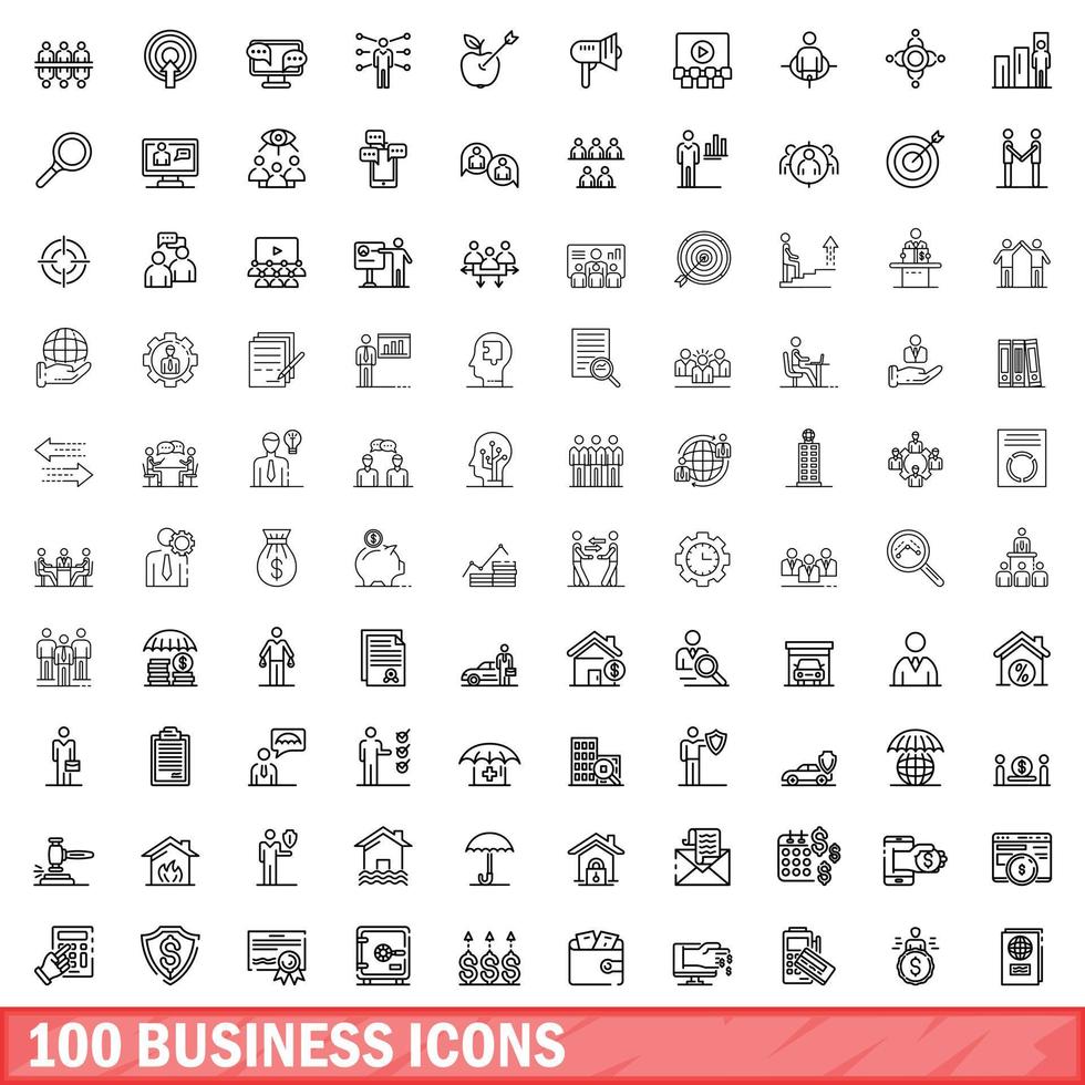 100 zakelijke iconen set, Kaderstijl vector