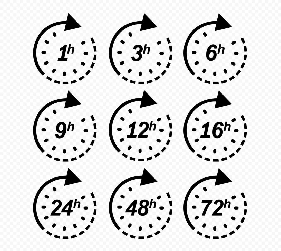 klok pijl 1, 3, 6, 9, 12, 16, 24, 48, 72 uur. set bezorgservice tijdpictogrammen. eps 10. vector