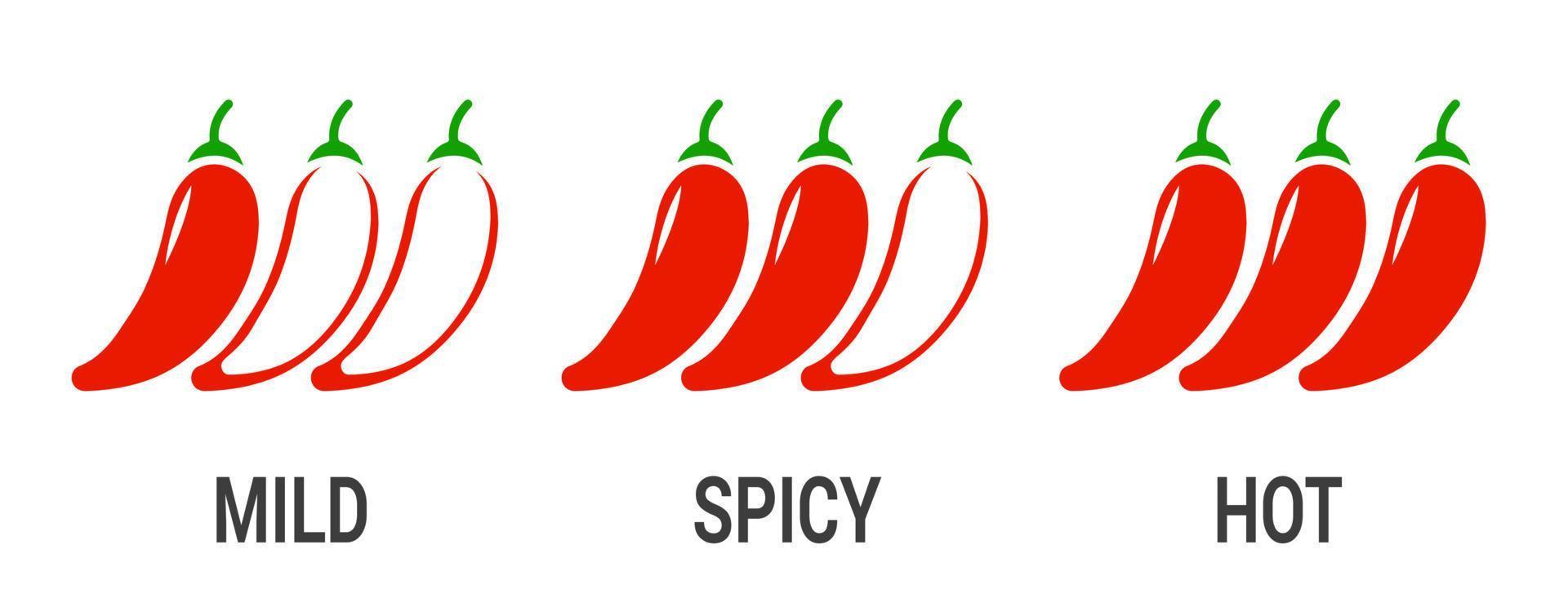 pittige chili peper niveau labels. vector pittig eten milde en extra hete saus, chili peper rode omtrek pictogrammen. eps 10