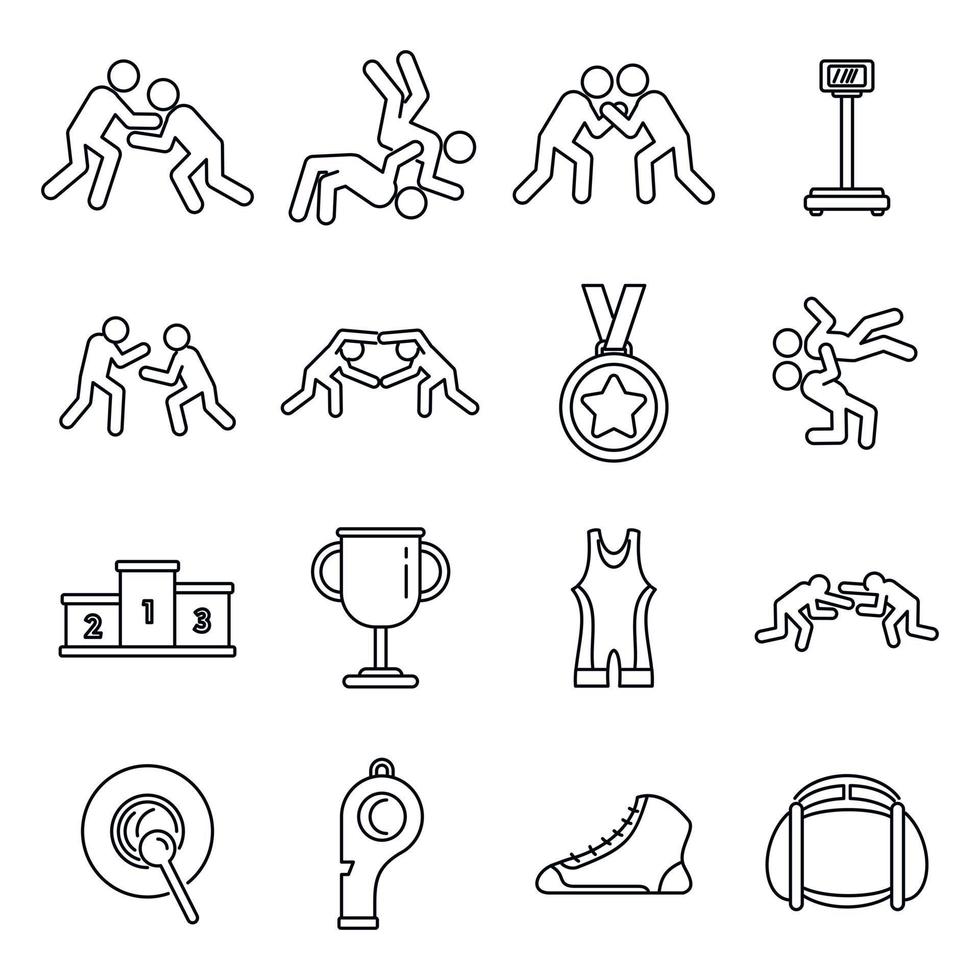 sport Grieks-Romeins worstelen iconen set, Kaderstijl vector