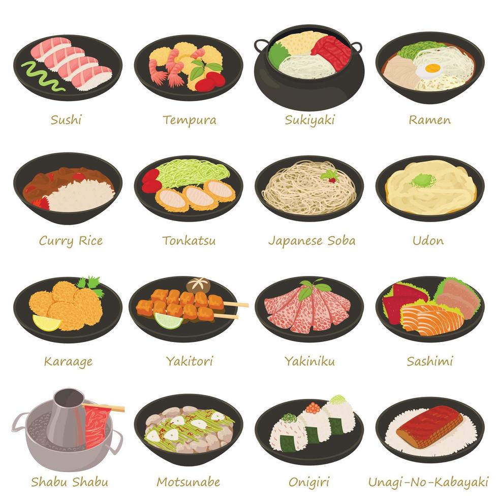 Japans eten iconen set, cartoon stijl vector