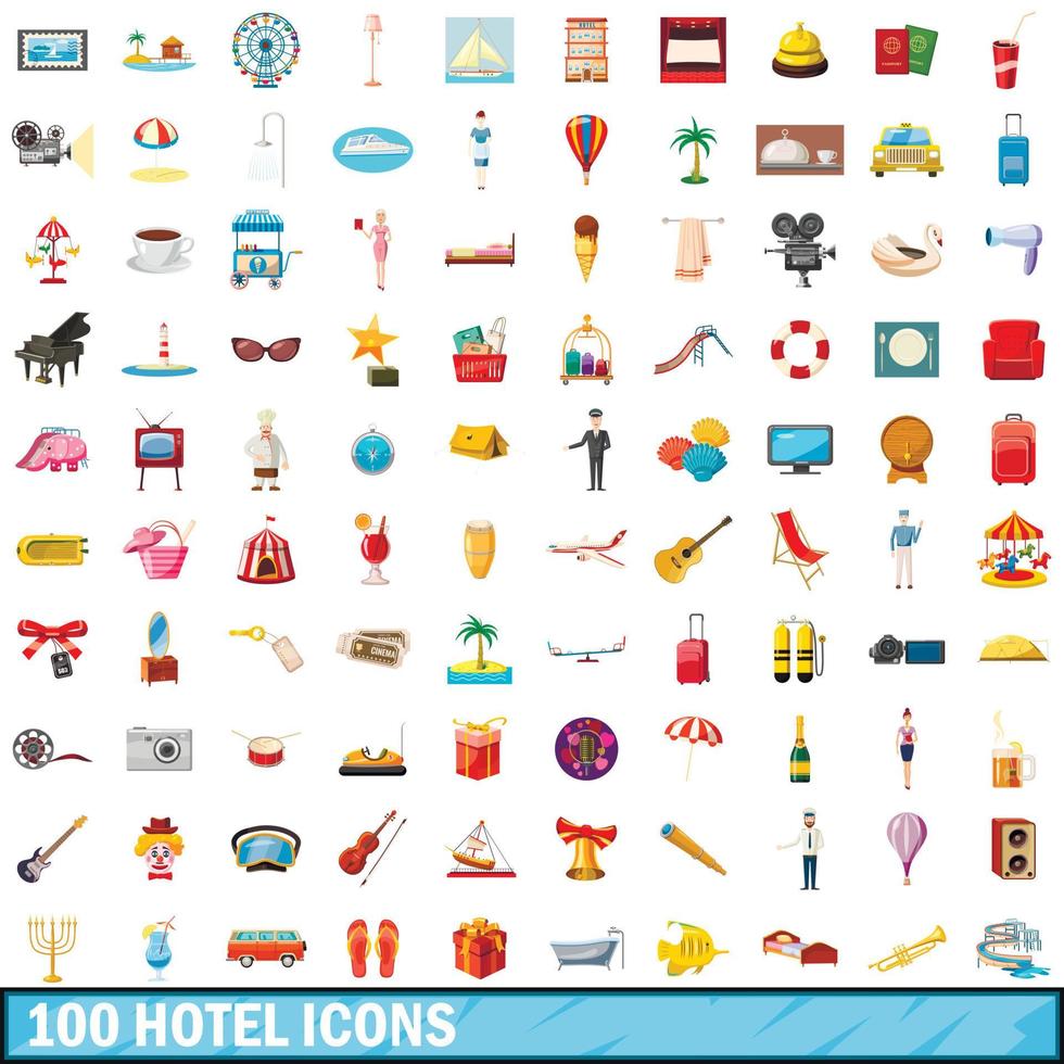 100 hotel iconen set, cartoon stijl vector