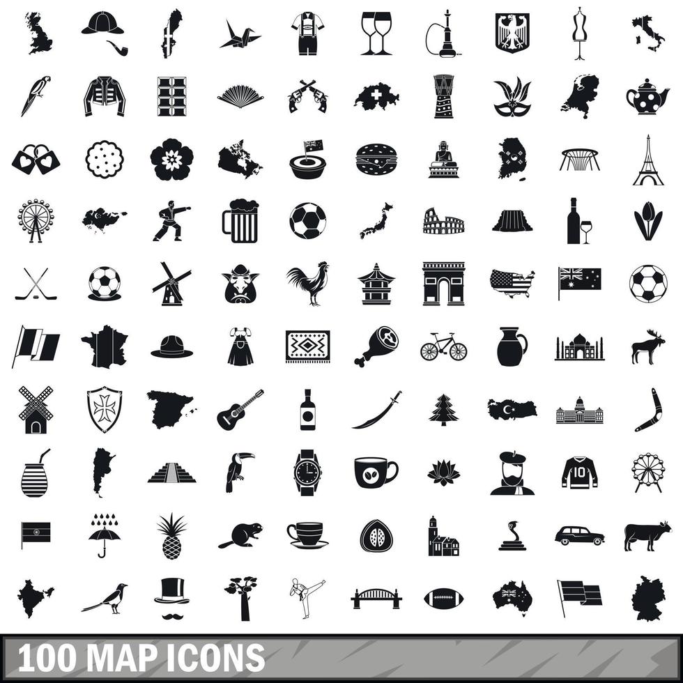 100 kaart iconen set, eenvoudige stijl vector