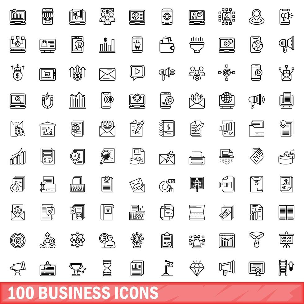 100 zakelijke iconen set, Kaderstijl vector