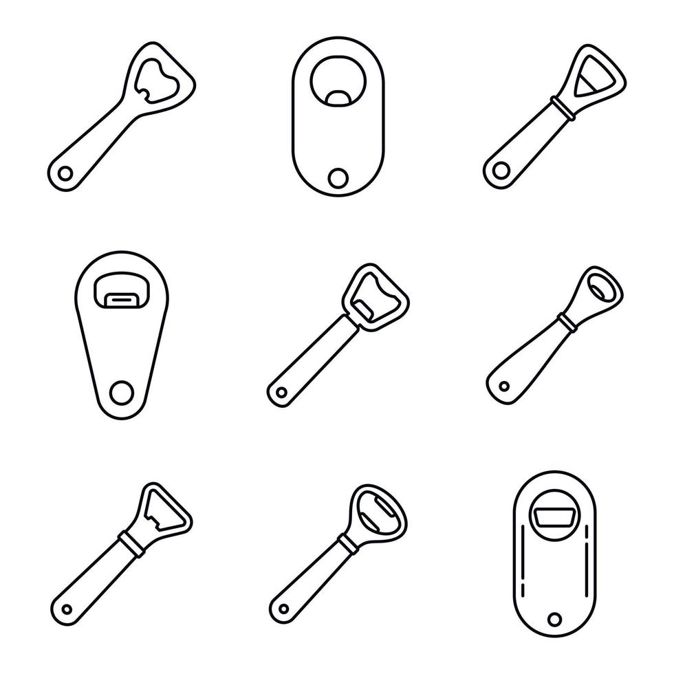 dranken flesopener iconen set, Kaderstijl vector