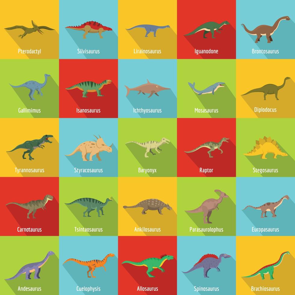 dinosaurus typen ondertekend naam iconen set, vlakke stijl vector