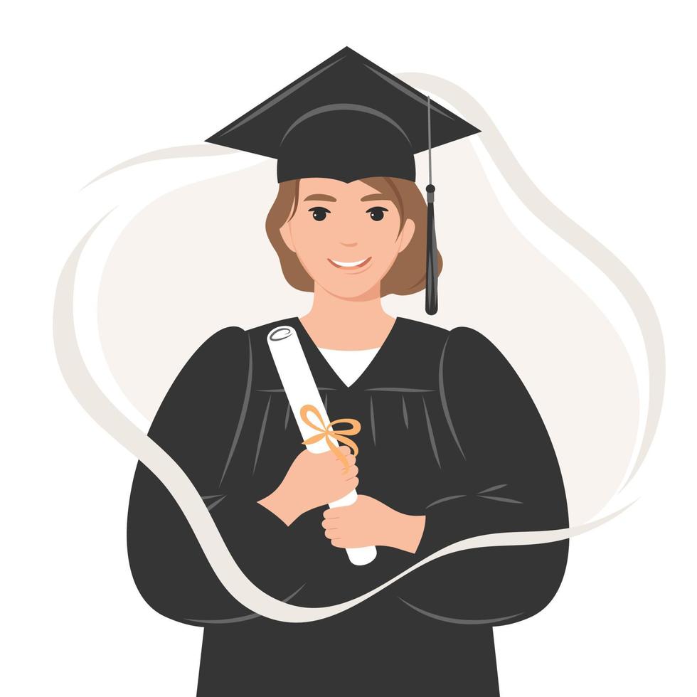 gelukkige afgestudeerde student met een diploma, gekleed in een gewaad en een vierkante academische pet. een jonge vrouw die afstudeerde van haar studie. platte vectorillustratie op witte achtergrond. vector