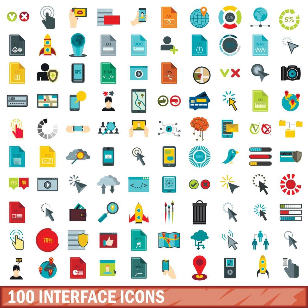 100 interface iconen set, vlakke stijl vector