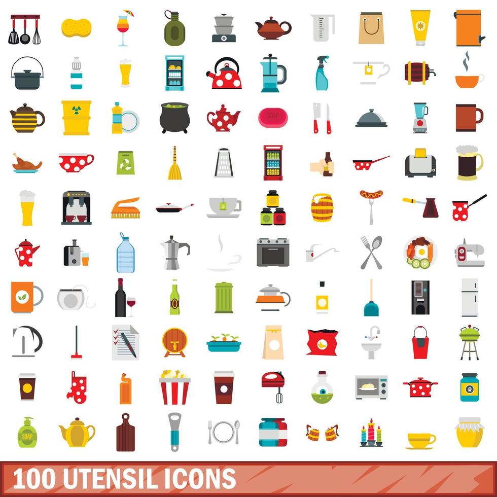 100 gebruiksvoorwerp iconen set, vlakke stijl vector