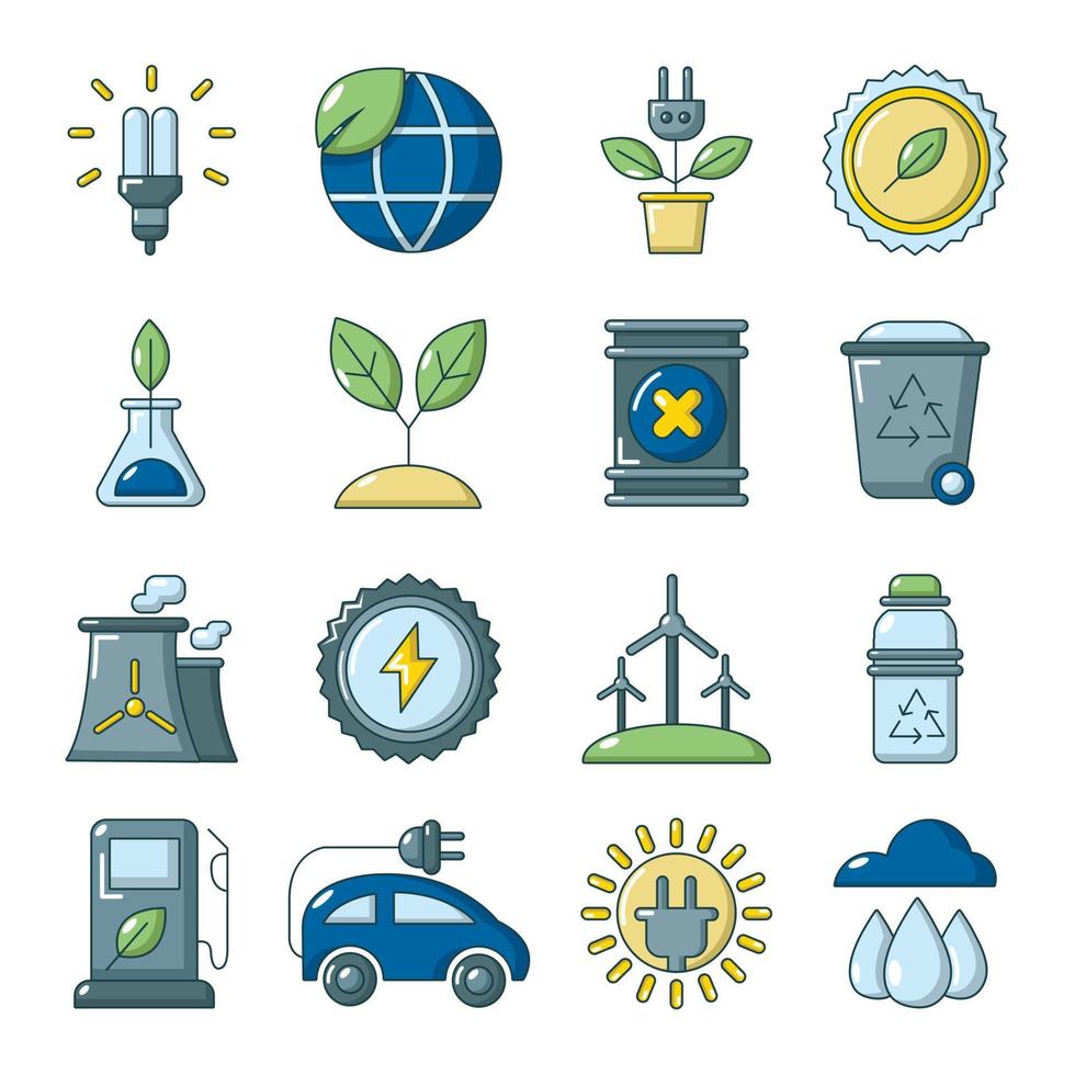 ecologie iconen set, cartoon stijl vector