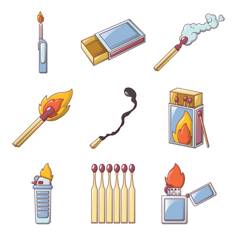 veiligheidswedstrijd ontbranden branden iconen set, cartoon stijl vector