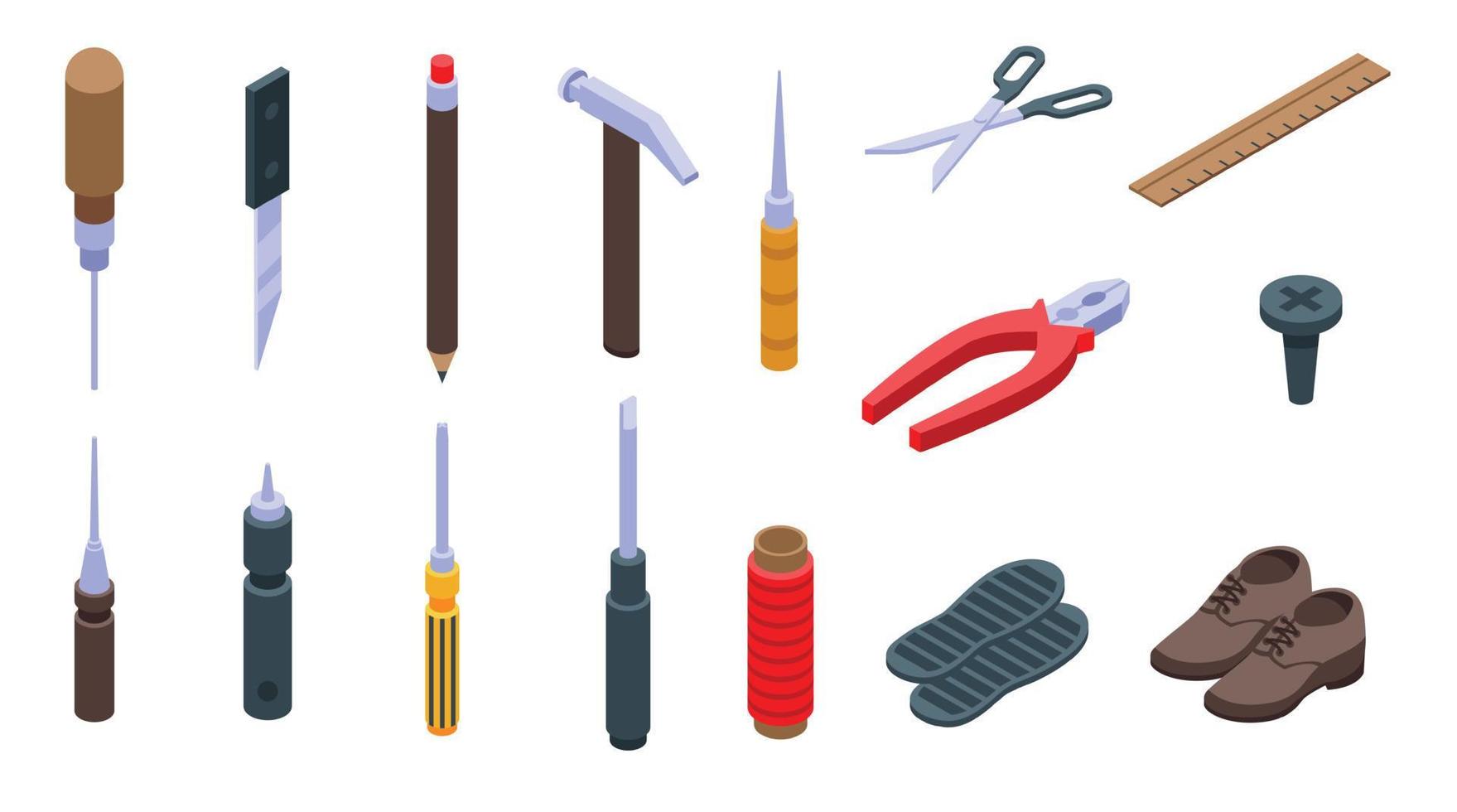 schoen reparatie iconen set, isometrische stijl vector