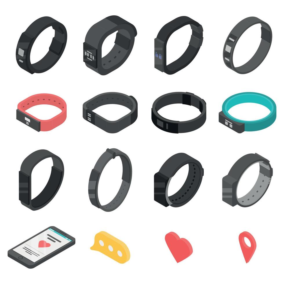 fitness armband iconen set, isometrische stijl vector