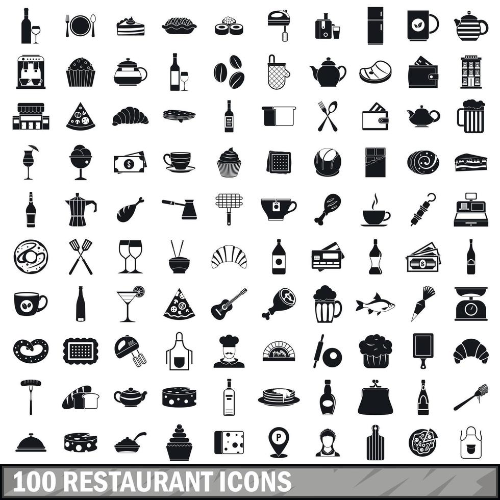 100 restaurant iconen set, eenvoudige stijl vector