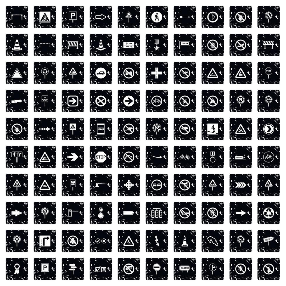 100 verkeersborden iconen set, grunge stijl vector
