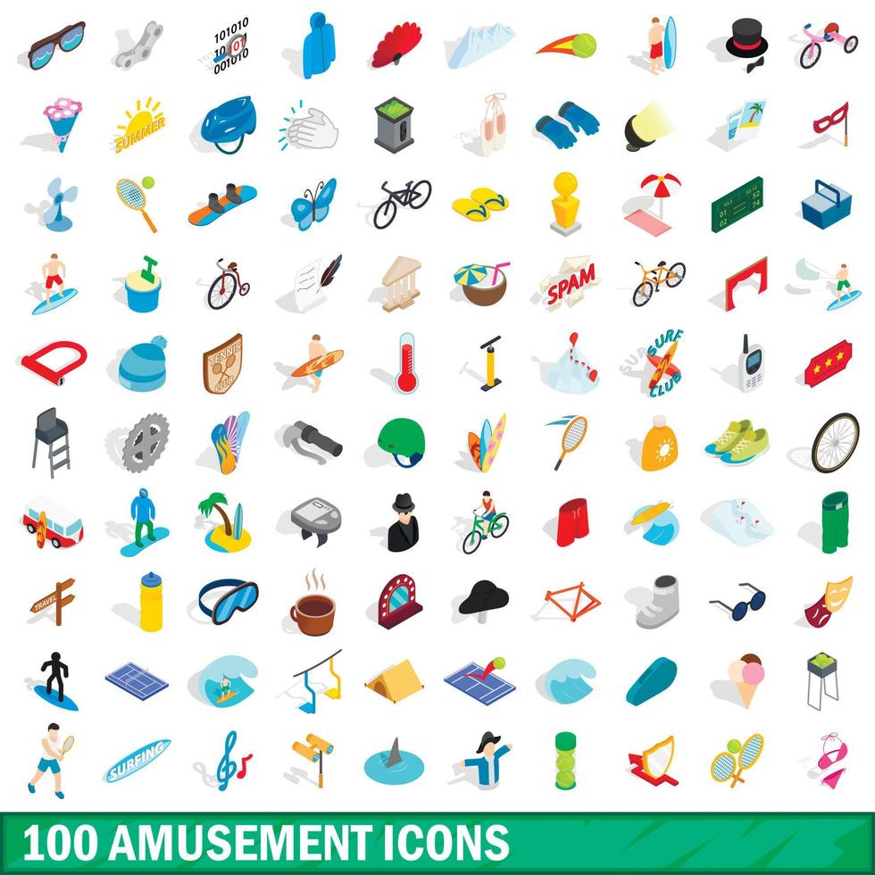 100 amusement iconen set, isometrische 3D-stijl vector