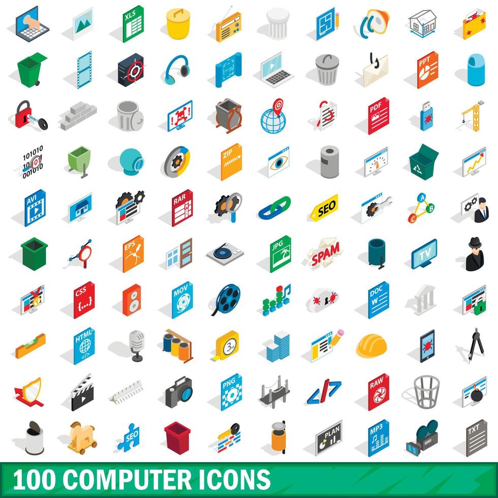 100 computer iconen set, isometrische 3D-stijl vector