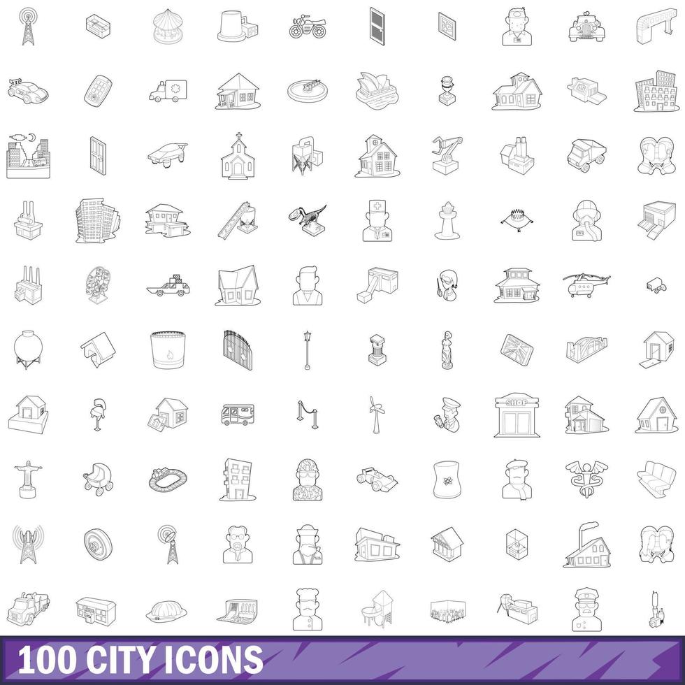 100 stad iconen set, Kaderstijl vector