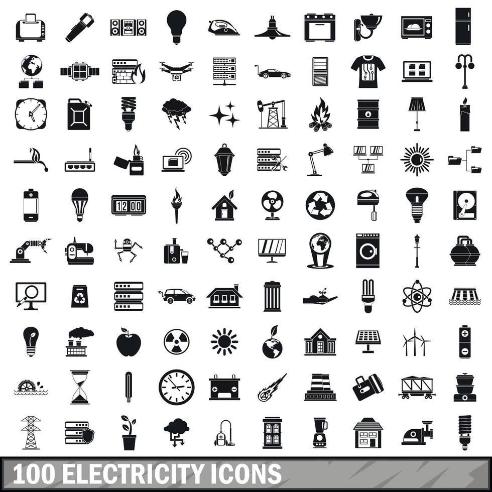 100 elektriciteit iconen set, eenvoudige stijl vector