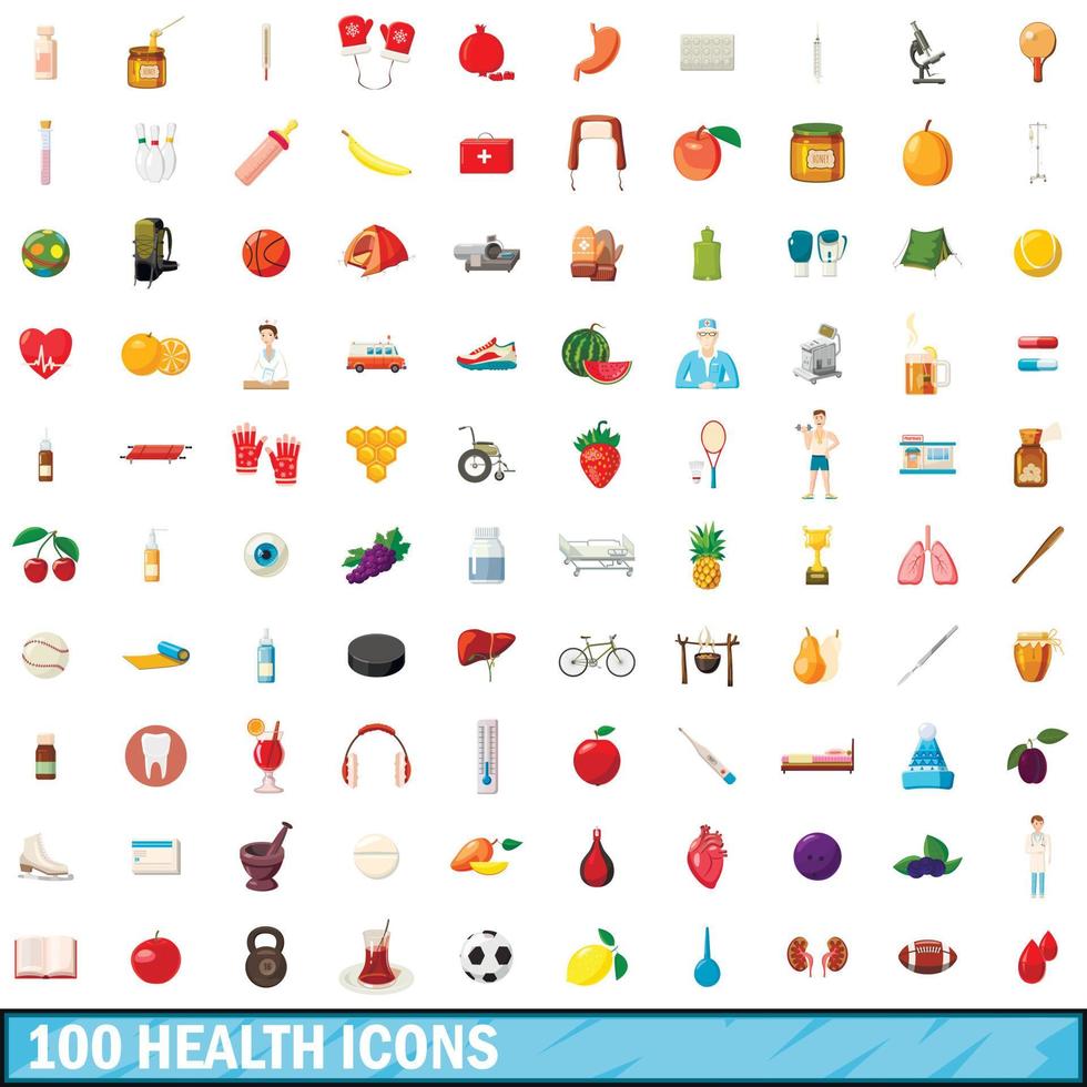 100 gezondheid iconen set, cartoon stijl vector