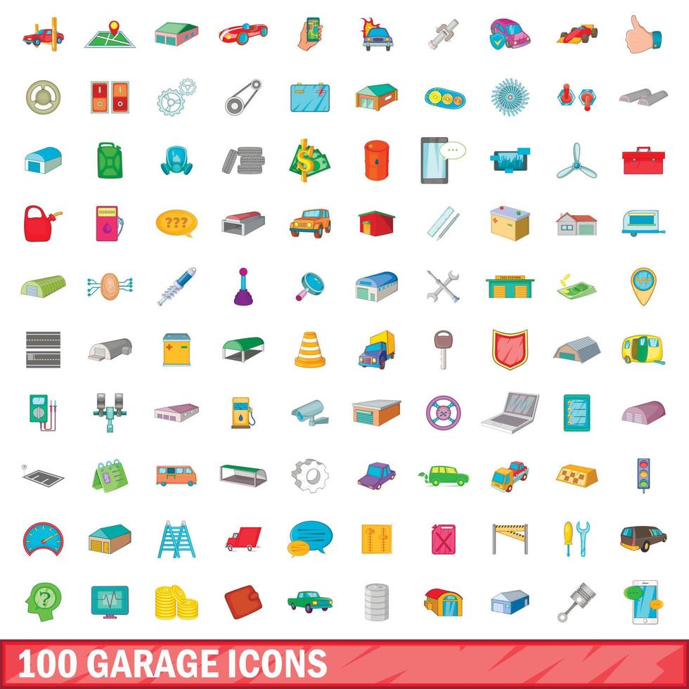 100 garage iconen set, cartoon stijl vector