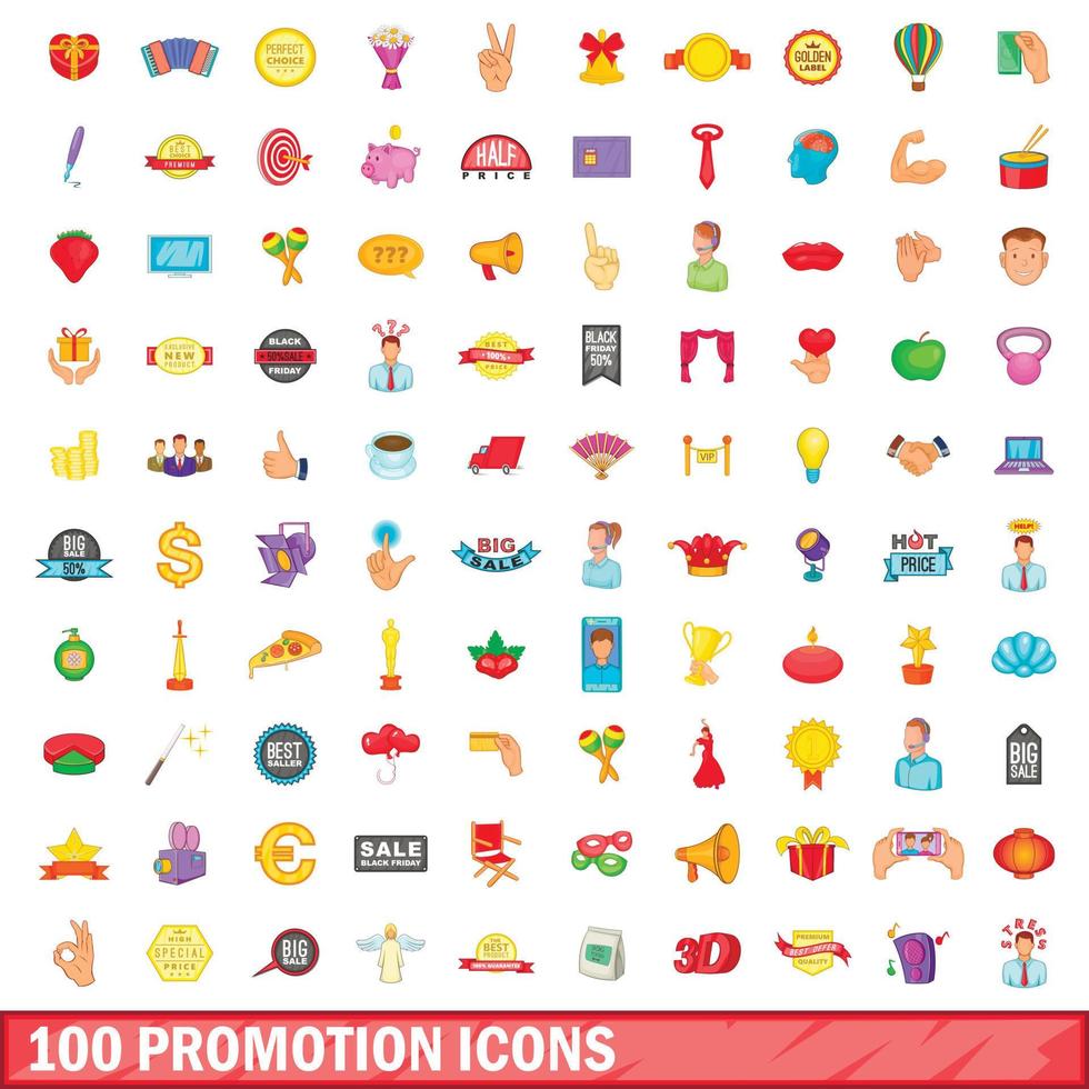 100 promotie iconen set, cartoon stijl vector