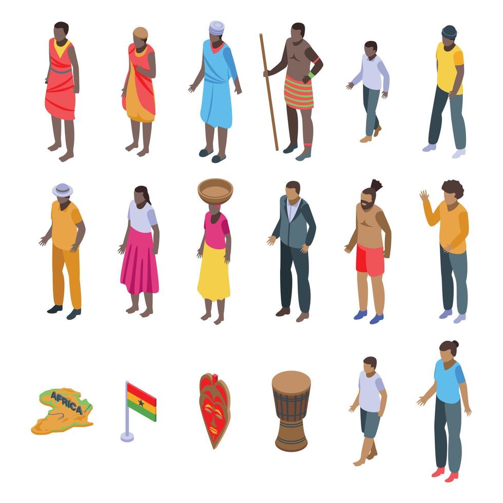 Afrikaanse mensen iconen set, isometrische stijl vector