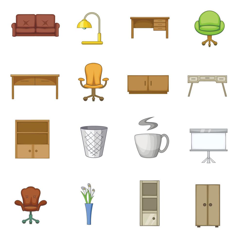 kantoormeubilair interieur iconen set, cartoon stijl vector