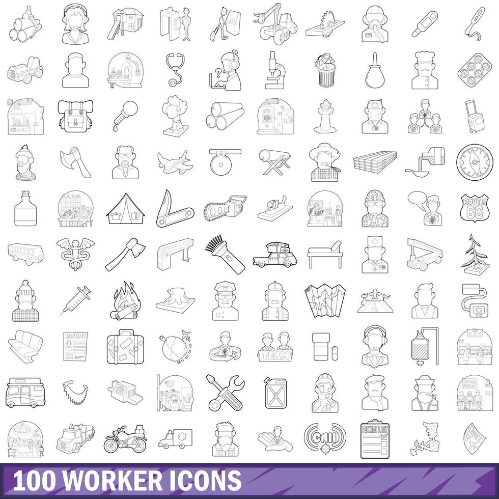 100 werknemer iconen set, Kaderstijl vector