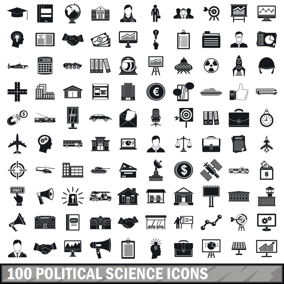 100 politieke wetenschappen iconen set, eenvoudige stijl vector