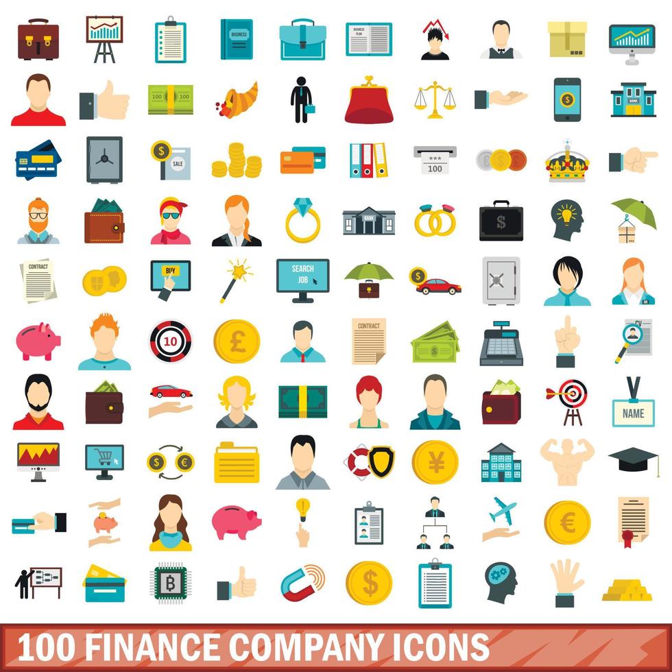 100 financieringsmaatschappij iconen set, vlakke stijl vector
